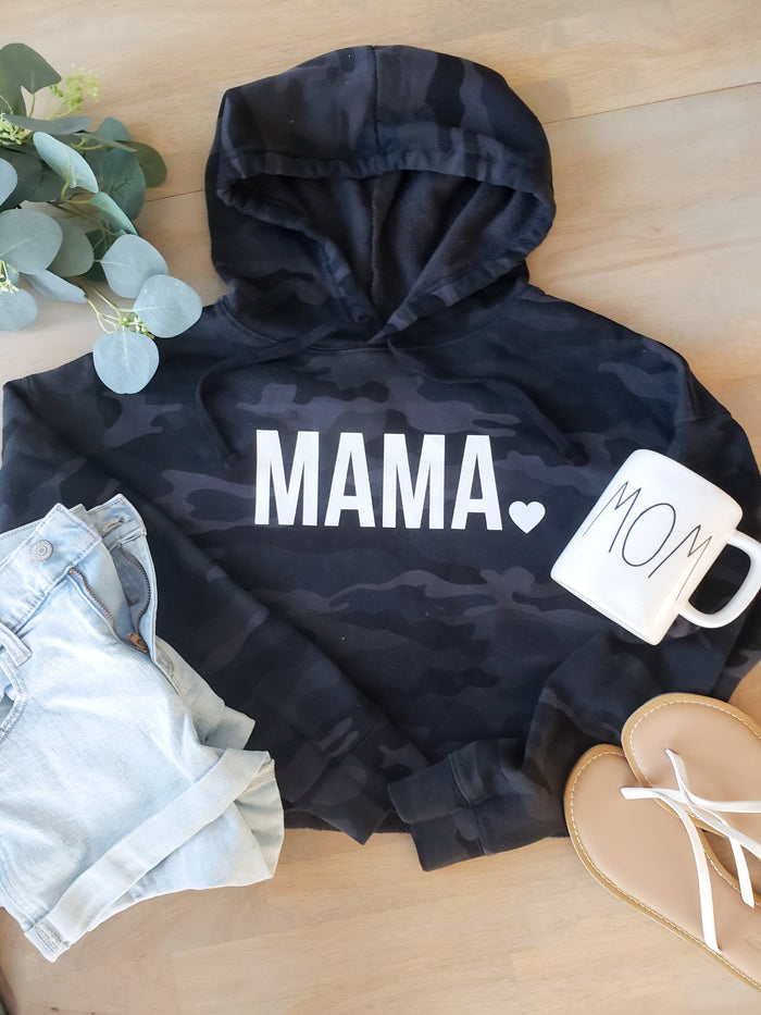 Mama Grey and Black Camo Crop Top Hoodie
